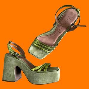 Free People Samara Heels Platform Chunky Ankle Strap Green Size 8 Vicenza